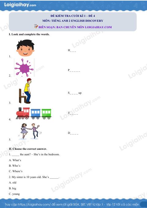 Đề thi học kì 1 Tiếng Anh 2 English Discover - Đề số 4